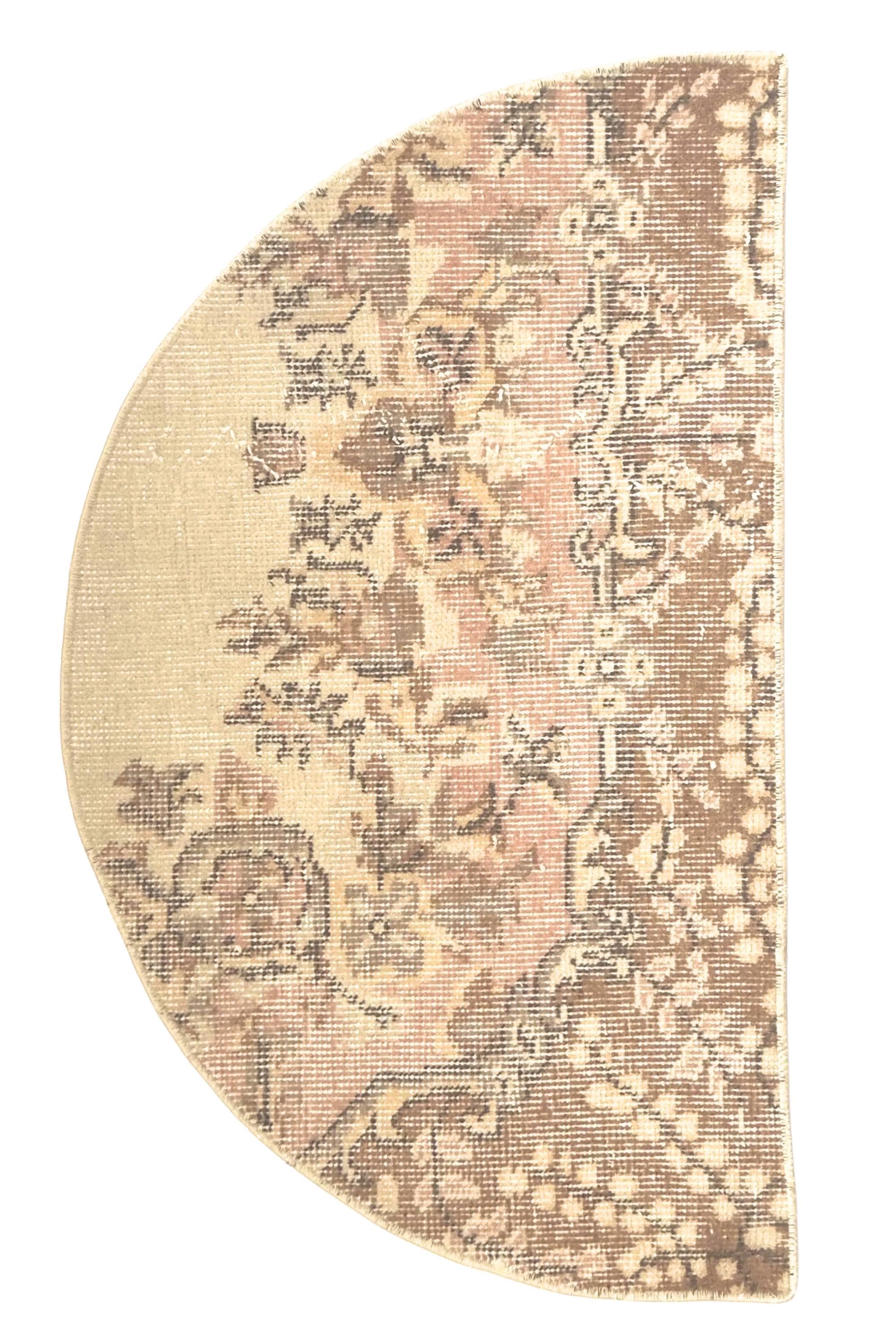 Vintage Turkish Semicircle Rug, Handwoven Wool, Ivory Taupe Dusty Rose Distressed, 1.6x2.77 ft – view 6
