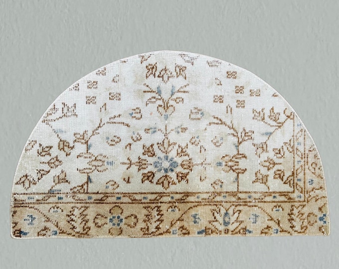 Vintage Turkish Wool Half Circle Rug: Blue Beige Doormat (2x4 ft)