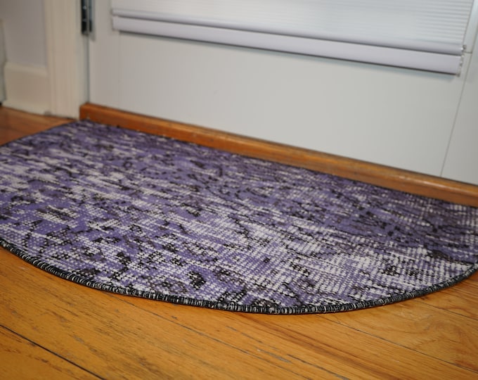 Vintage Turkish Wool Half Circle Rug: Purple Doormat (1.5x2.4 ft)