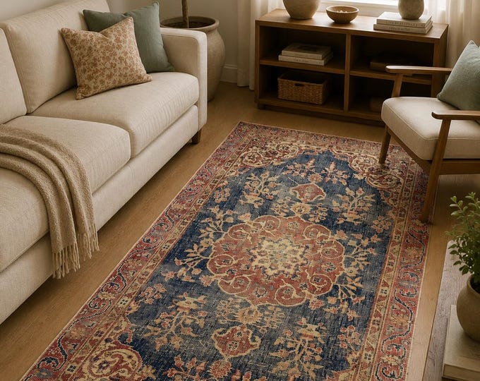Turkish Area Rug, Vintage Isparta Handwoven Wool Medallion, Distressed Navy Blue Red, 3.6x6.6 ft