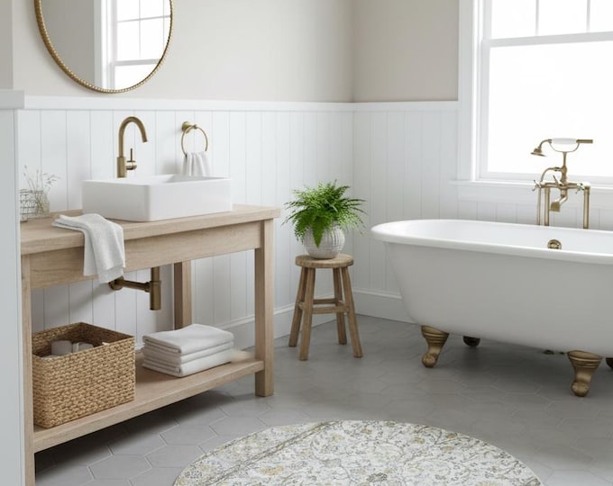 Vintage Turkish Wool Circle Rug: Beige & Yellow Oushak, 4x4