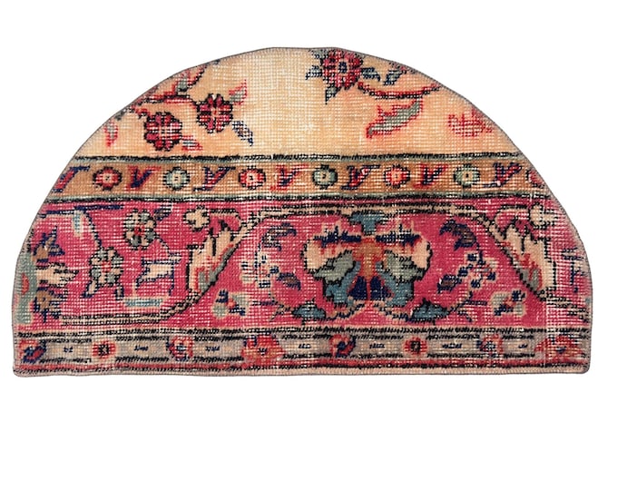 Turkish Vintage Oushak Semicircle Small Wool Handmade Entry Bathroom Area Boho Bedroom Livingroom Decor