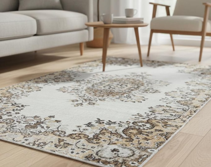 115x205 cm Beige Brown Floral Wool Rug | Handwoven Turkish Vintage Carpet | Farmhouse Rustic Style