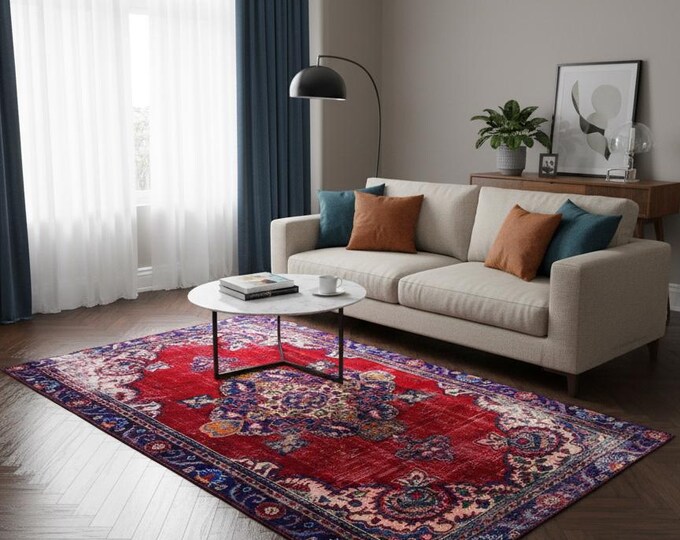 Vintage Turkish Rug 6.1x9.5 ft – Hand Knotted Red Wool Carpet