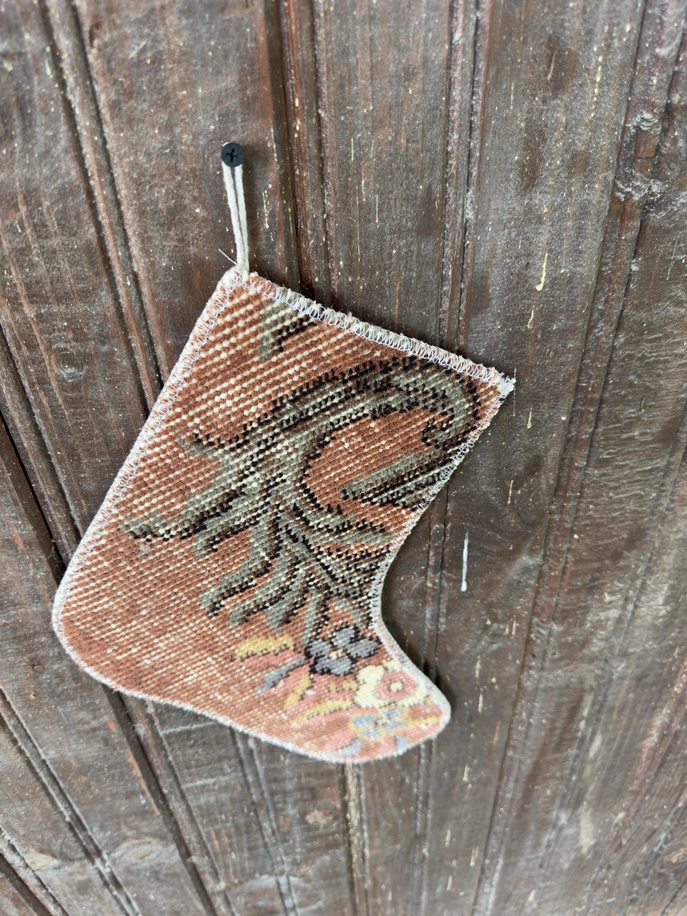 Christmas Stocking, Vintage Turkish Rug, Floral Terracotta Olive Cream, 11 in in cream, terracotta, finished edge detail
