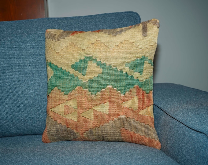 Vintage Kilim Pillow Cover: 16x16 Hemp Handmade Cushion
