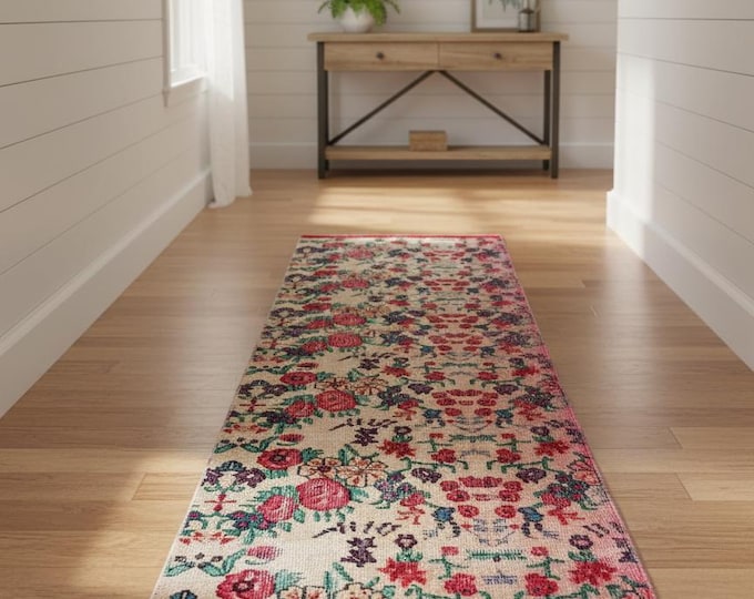 70x245 cm Handwoven Wool Runner Rug | Colorful Floral Vintage Turkish Carpet | Boho Farmhouse Hallway Decor