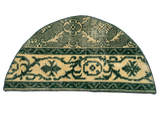 Vintage Turkish Isparta Semicircle Rug, Hand Knotted Wool, Distressed Forest Green Cream, Half Moon