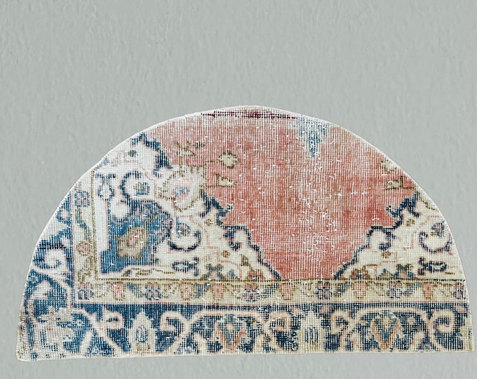 Vintage Half Circle Wool Rug: Red Blue Turkish Doormat (1.5 x 2.4 ft)