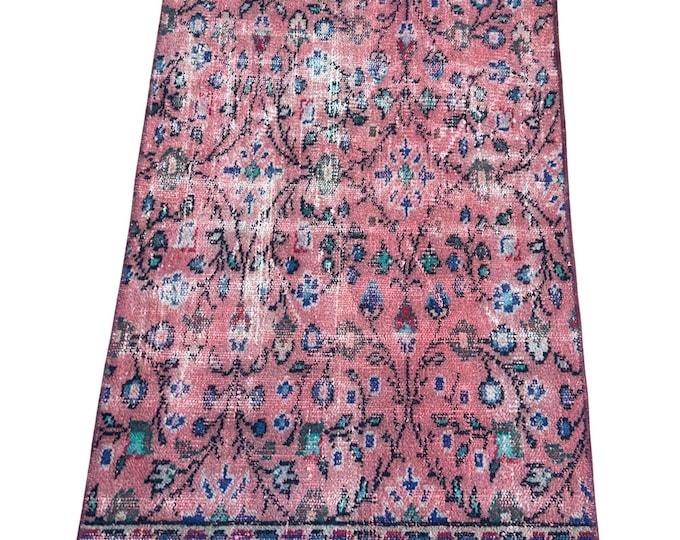 Vintage Turkish Isparta Runner, Hand Knotted Wool, Pink Floral Arabesque, Navy Border, Bohemian Hallway, 2x6 Anatolian