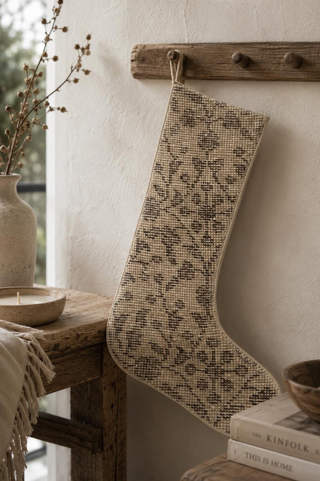 Turkish Rug Christmas Stocking, Handmade Vintage Anatolian Wool, Cream Brown Neutral, Boho Fireplace Decor