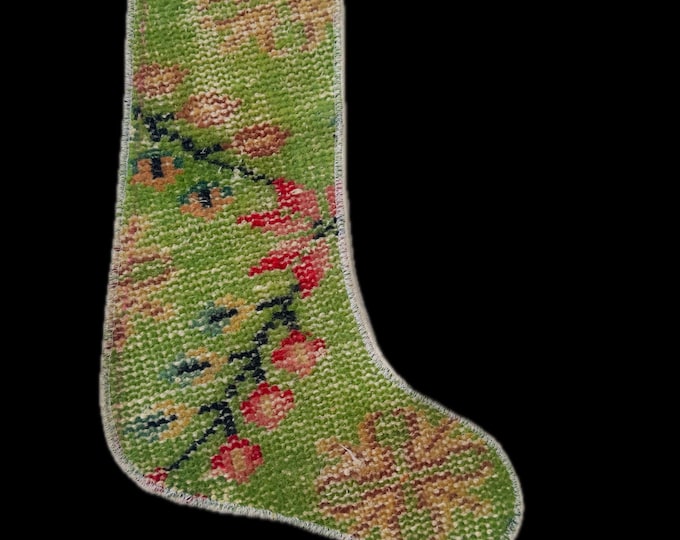 Vintage Green Turkish Rug Christmas Stocking | Upcycled Carpet | Boho Holiday Decor