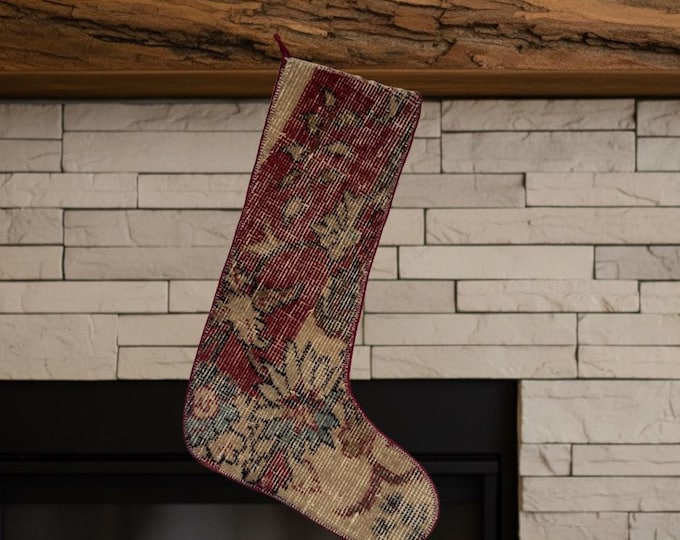 Red Vintage Turkish Rug Christmas Stocking – Hand-Knotted Wool Decor