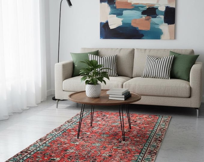 Vintage Turkish Rug 4x 7 ft – Red Turquoise Hand Knotted Carpet