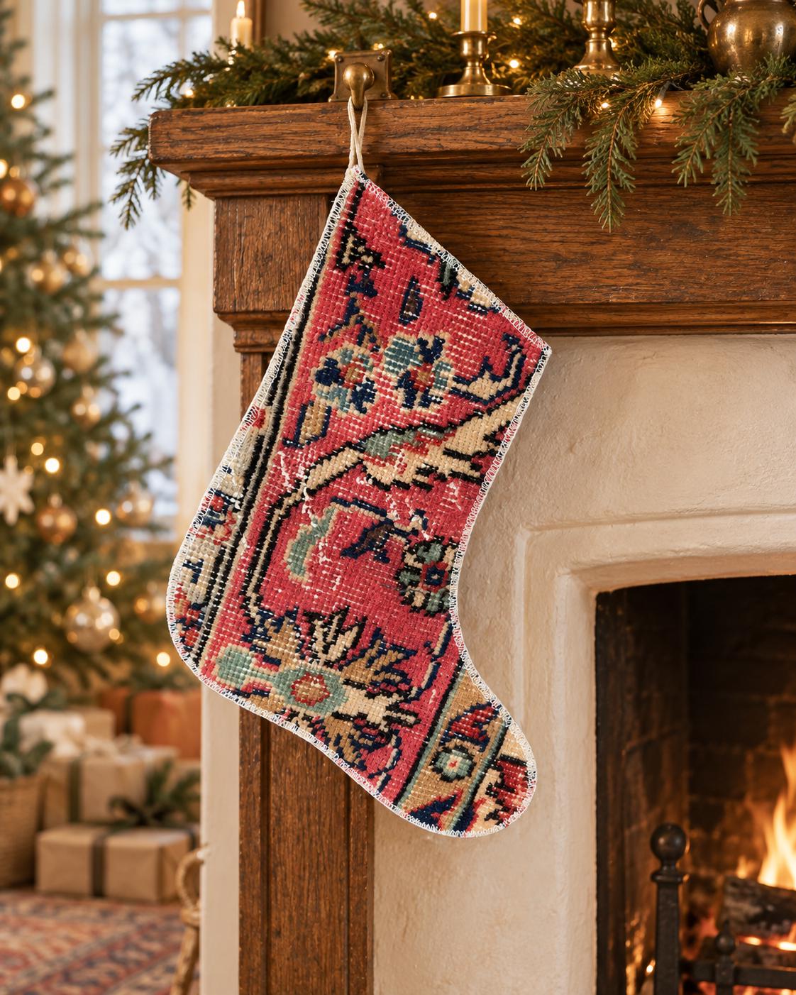 Vintage Turkish Rug Christmas Stocking, Rose Red Navy Floral, Cream Camel Sage, 12.6x11.8 in