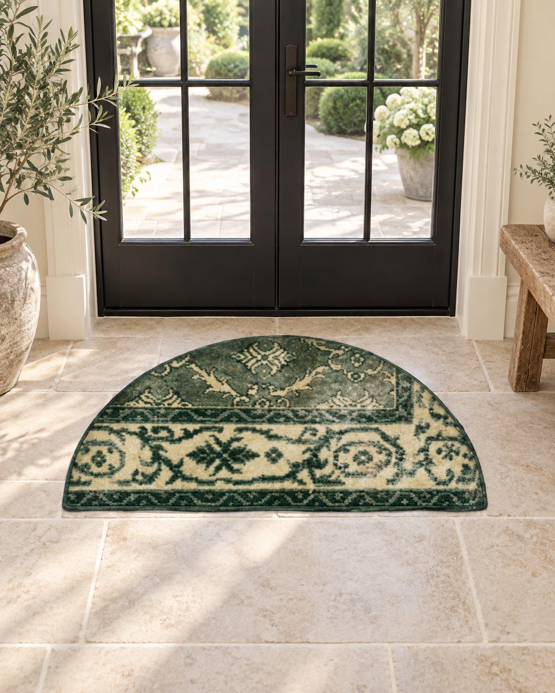 Vintage Turkish Half Moon Rug, Hand Knotted Wool Doormat, Green Ivory Bird Motif, 35x74cm