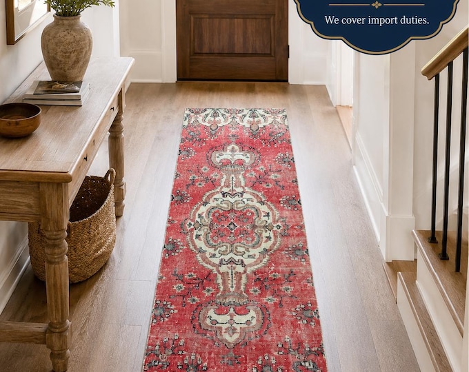 Turkish Runner Rug, Vintage Isparta Handwoven Wool Medallion, Distressed Red Ivory, 2.3x7 ft