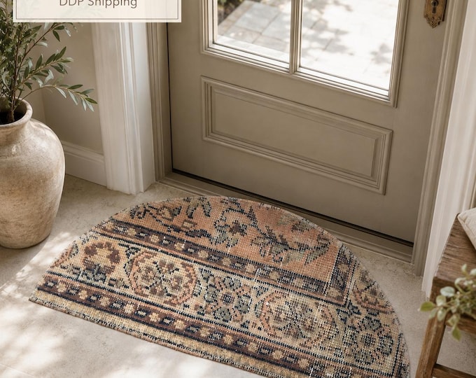 Semicircle Rug, Vintage Turkish Isparta, Handwoven Wool Floral, Distressed Blush Beige, 1.5x2.5 ft