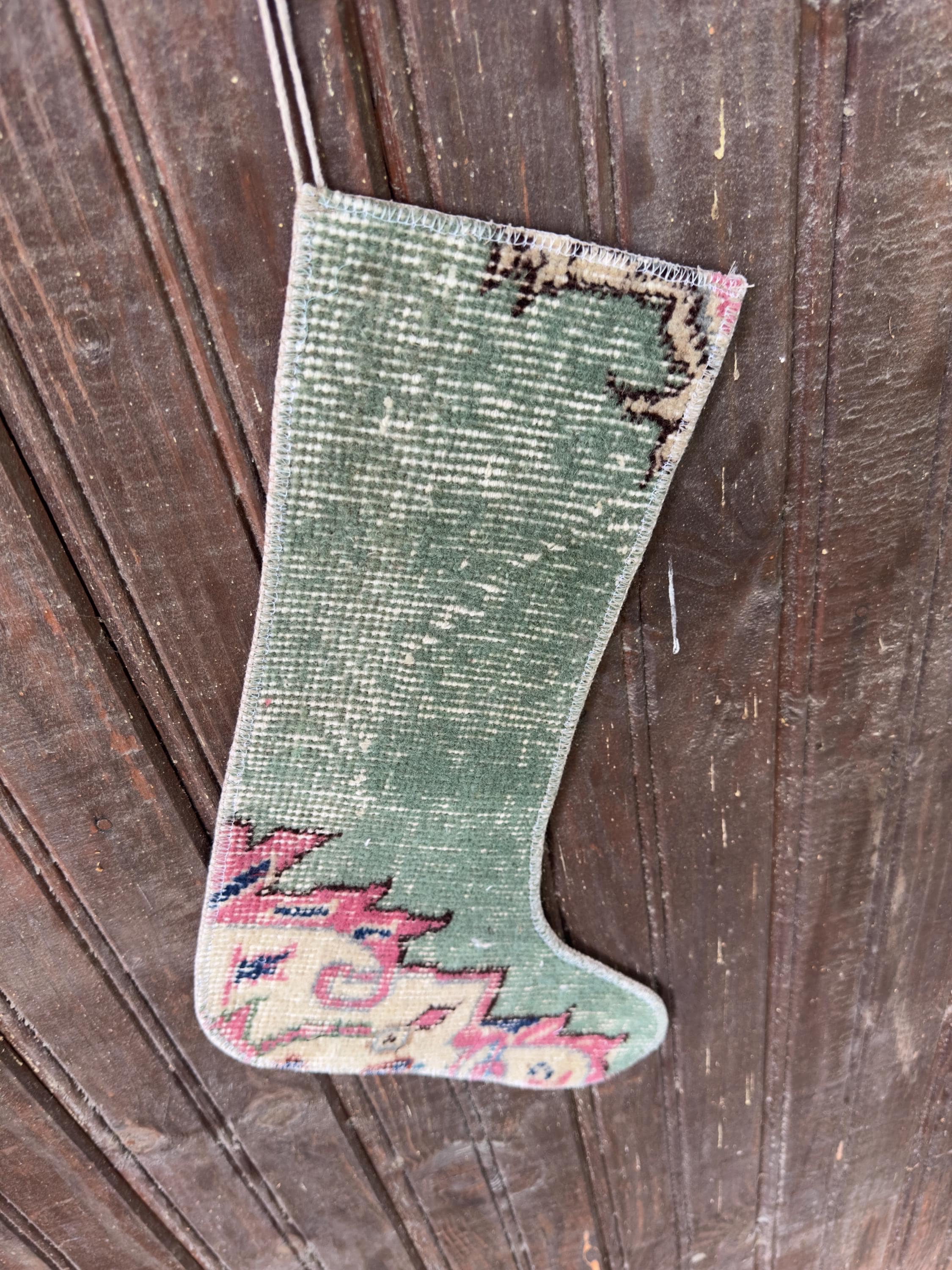 Vintage Turkish Rug Christmas Stocking, Faded Sage Green Floral, Raspberry Pink Cream, 11.8x17.7 in – view 4