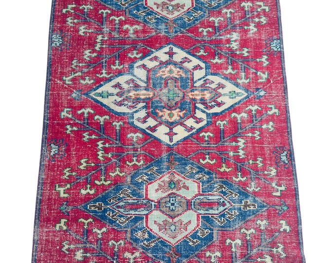Vintage Turkish Hand-Knotted Area Rug 3.9x7.7 ft | Distressed Red Blue Medallion Wool Carpet | Handmade Anatolian Tribal Geometric Rug