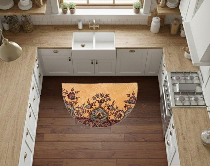 19x33 Inch Vintage Semicircle Rug Turkish Wool Floral Entryway Mat