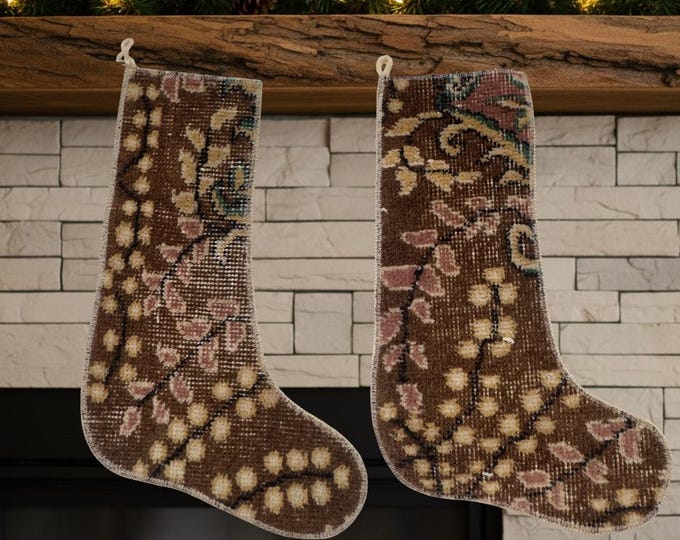 Vintage Wool Rug Holiday Stocking Pair