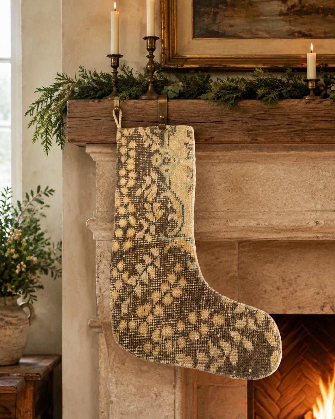 Turkish Rug Christmas Stocking, Handmade Vintage Anatolian Wool, Boho Fireplace Decor, Brown, Rustic Gift