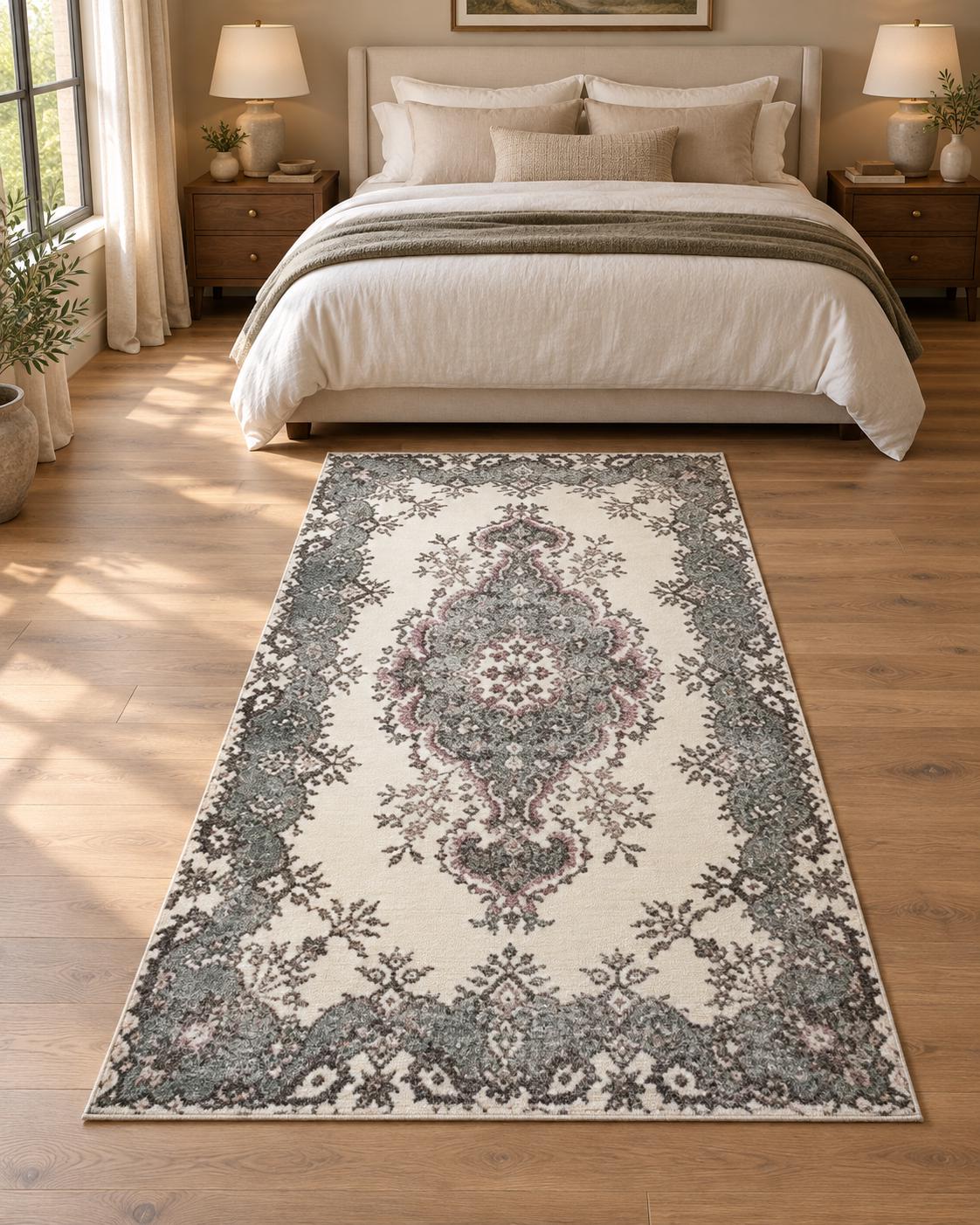 Vintage Turkish Rug 4x7 ft Ivory Grey Medallion Floral Design