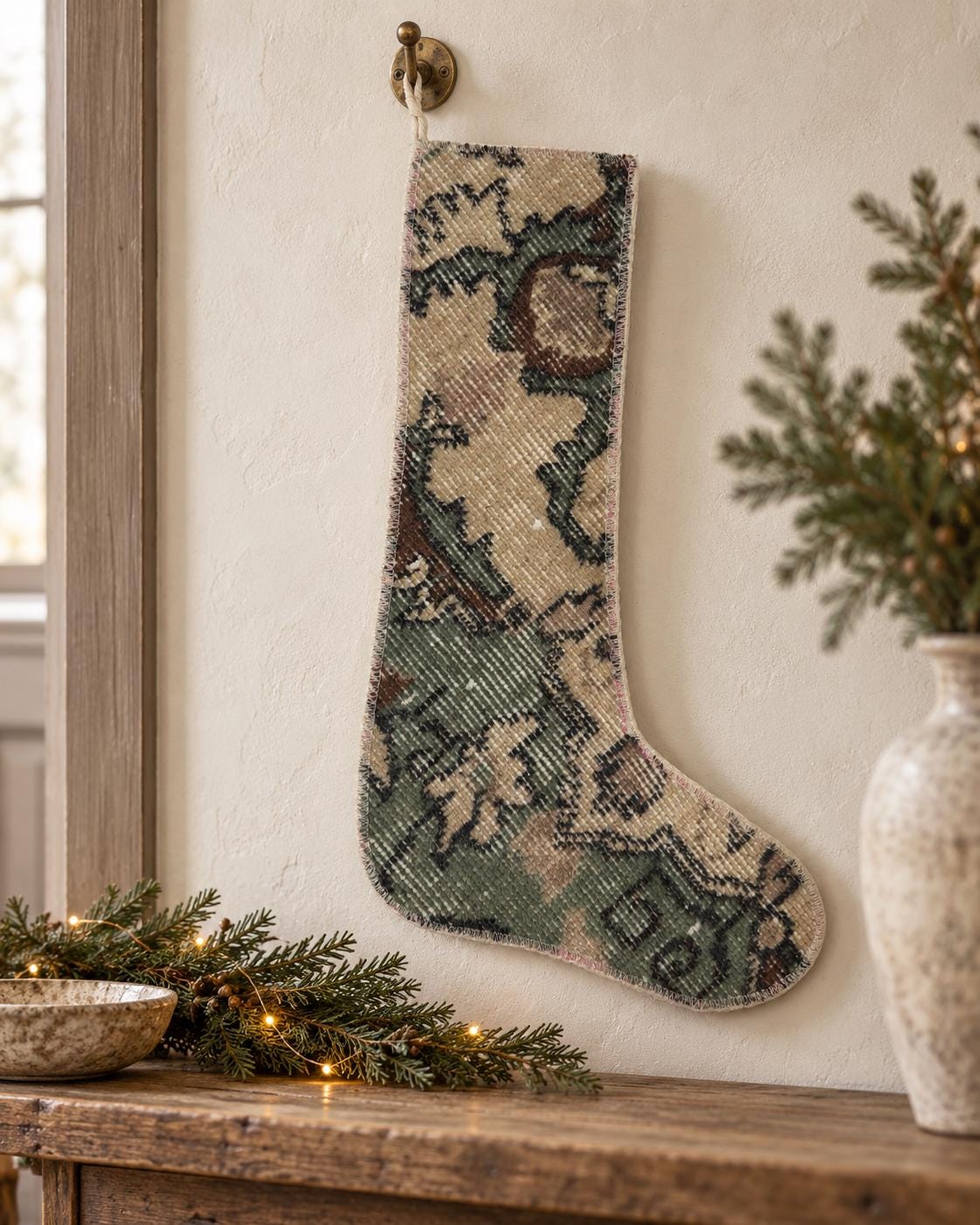 Vintage Turkish Rug Christmas Stocking, Sage Green Boho Holiday Decor, Hand-Knotted, 19x12 in
