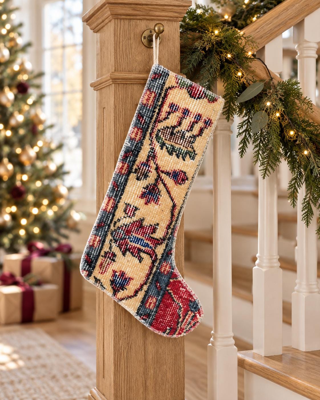Vintage Turkish Rug Christmas Stocking, Cream Floral Vine, Teal Burgundy Navy Border, 11.8x17.7 in