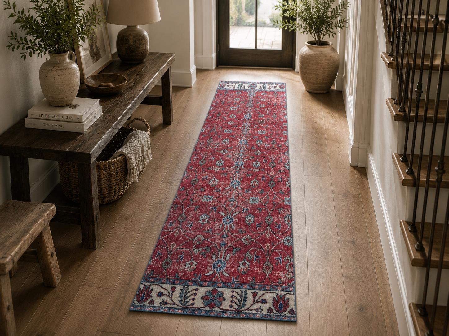 Vintage Turkish Isparta Runner Rug, Handwoven Wool Floral, Crimson Red Teal, 2.7x8.8 ft