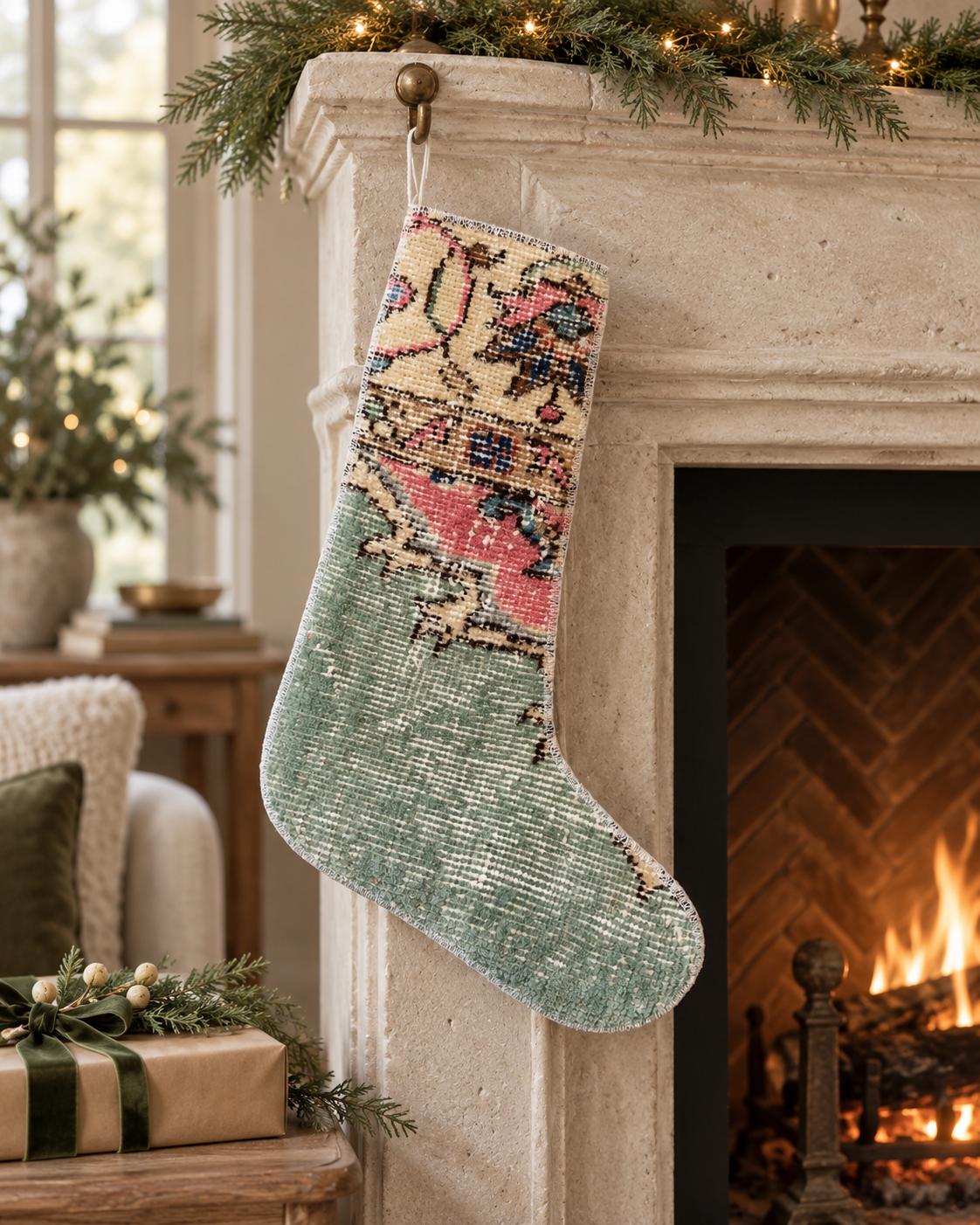 Vintage Turkish Rug Christmas Stocking, Bohemian Floral, Pink Blue Sage Green, 11.8x18.1 in