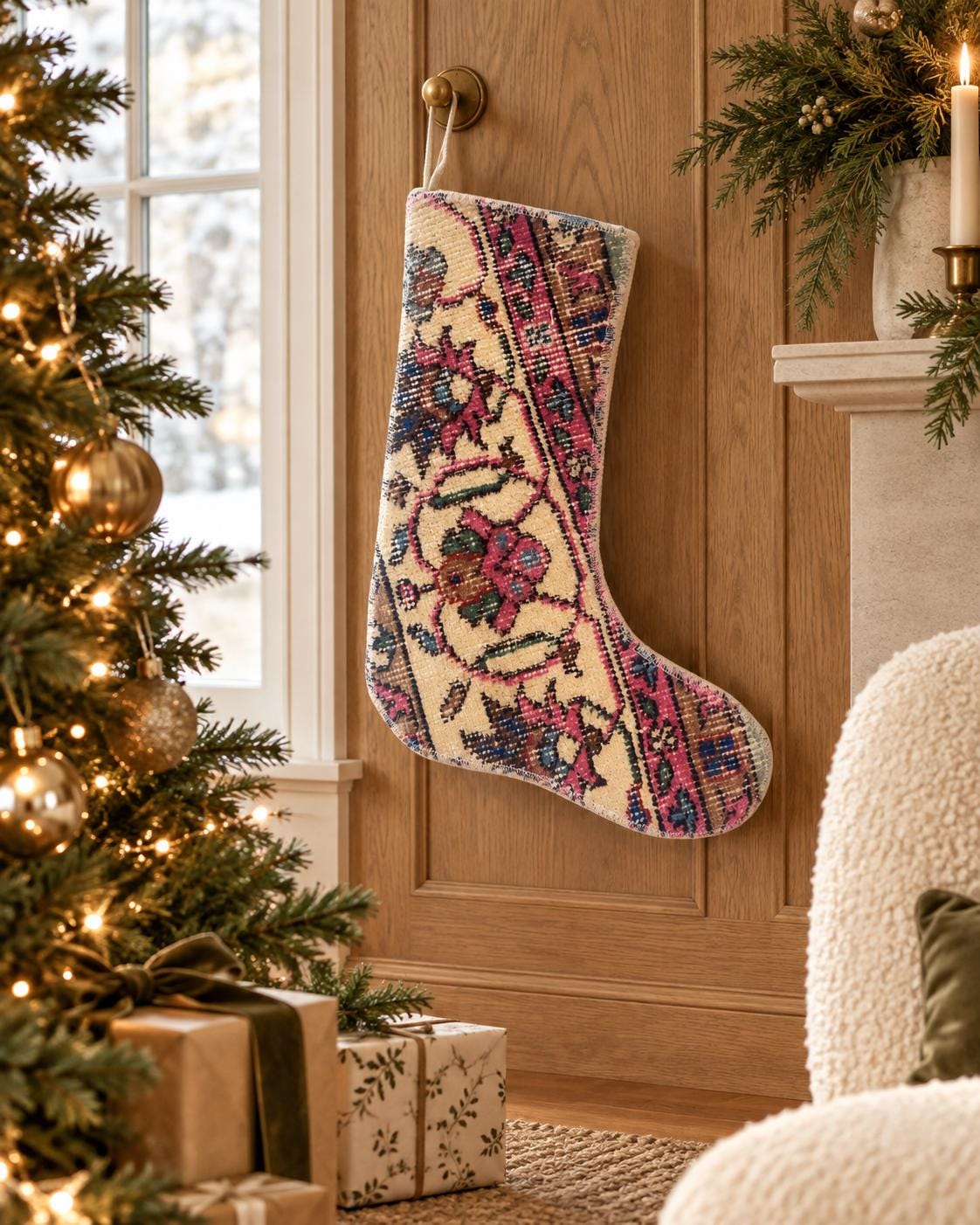 Christmas Stocking, Vintage Turkish Rug, Traditional Floral Medallion Pink Cream, 16 in