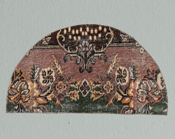 Vintage Floral Wool Half Circle Rug: Turkish Doormat (2x3 ft)