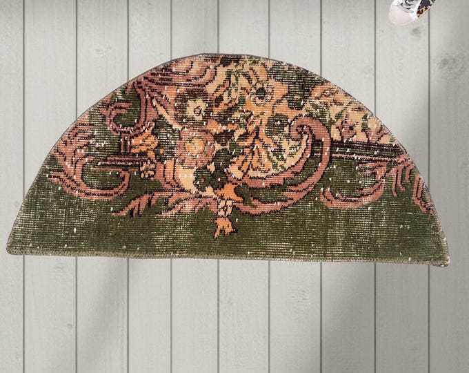 Vintage Isparta Wool Semicircle Rug 75x35 cm Upcycled Turkish Half Round Doormat Moss Green Salmon Floral Entryway Mat