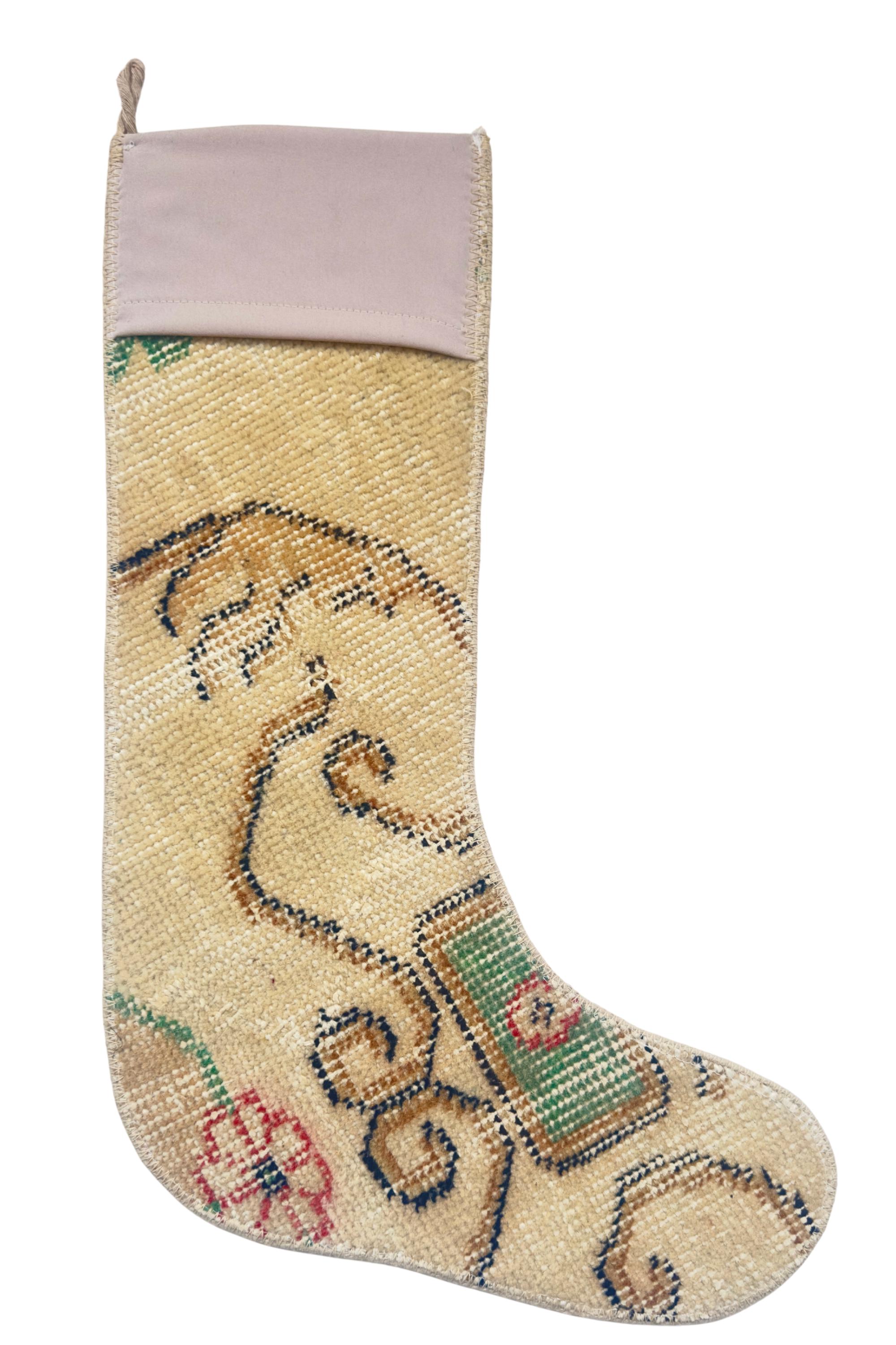 Turkish Rug Christmas Stocking, Handmade Vintage Anatolian Wool, Cream Blush Pink, Boho Fireplace Decor – view 5