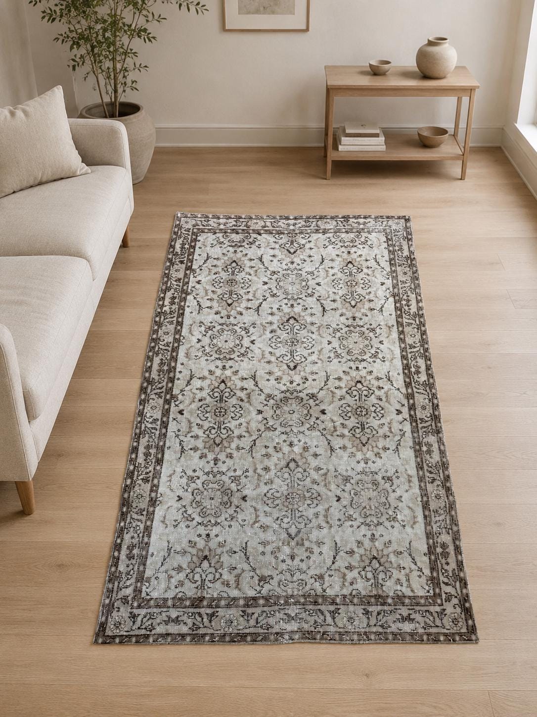 Vintage Turkish Area Rug, 3.8x6.9 ft, Ivory Taupe Brown, Diamond Medallion Trellis