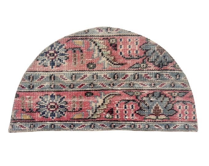 Vintage Turkish Isparta Patchwork Semicircle Rug, Hand Knotted, Faded Pink Slate Blue, Half Moon