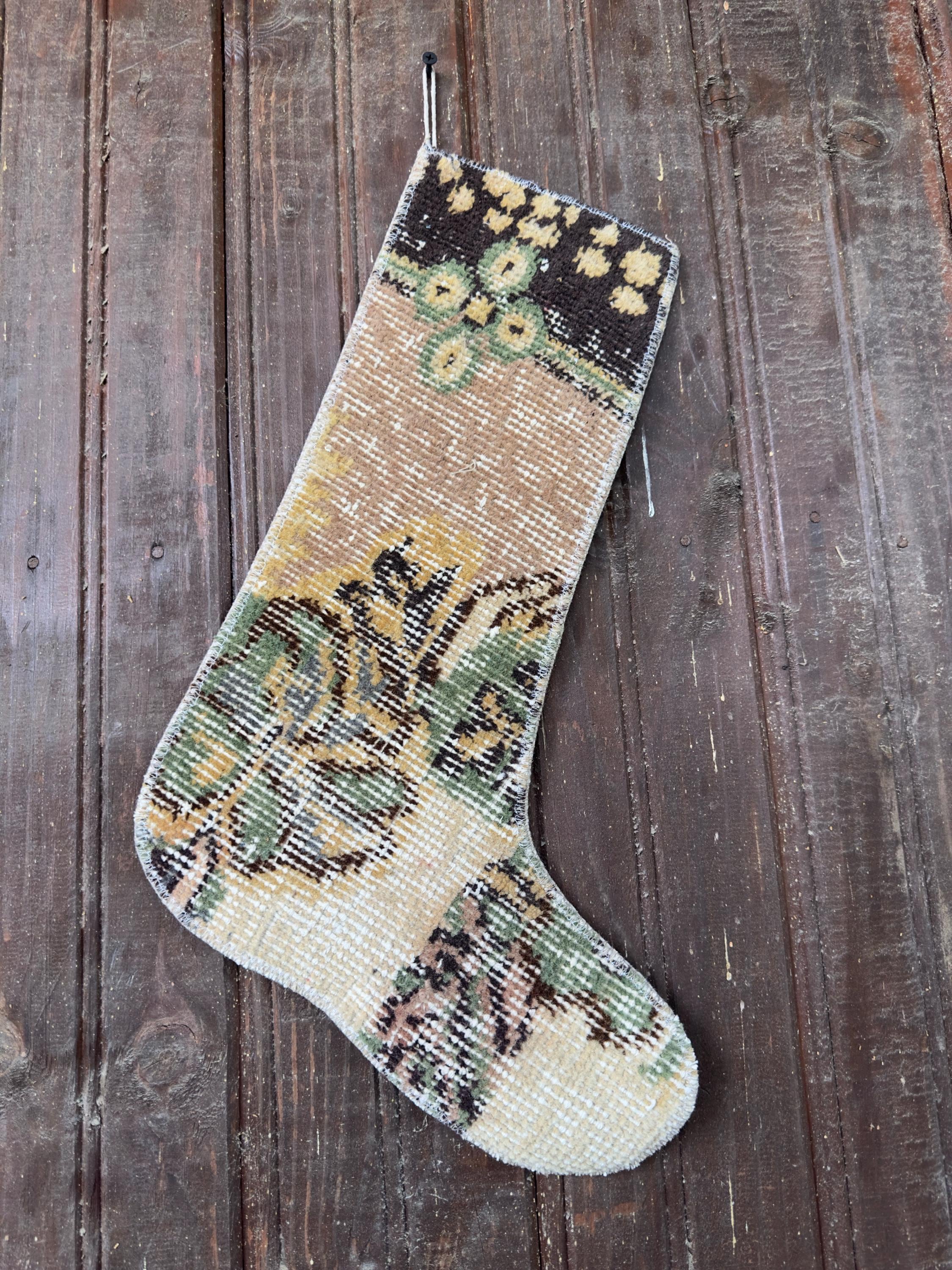 Christmas Stocking, Vintage Turkish Rug, Floral Sage Green Mustard Brown, 17 in in brown, green, sage, central motif detail