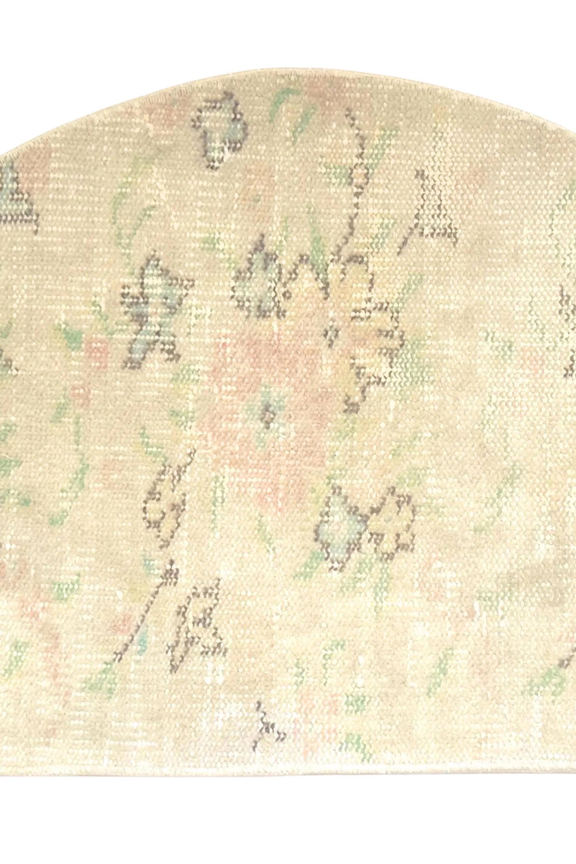 Vintage Turkish Semicircle Rug, Handwoven Wool Floral, Ivory Blush Pink Sage Green, 1.6x2.77 ft – view 7