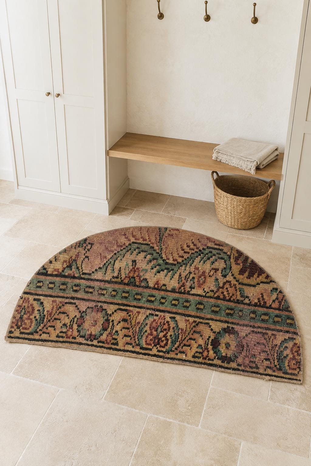 Vintage Turkish Semicircle Rug, Hand-Knotted Wool Floral Scroll, Camel Sage Burgundy, 1.6x2.7 ft