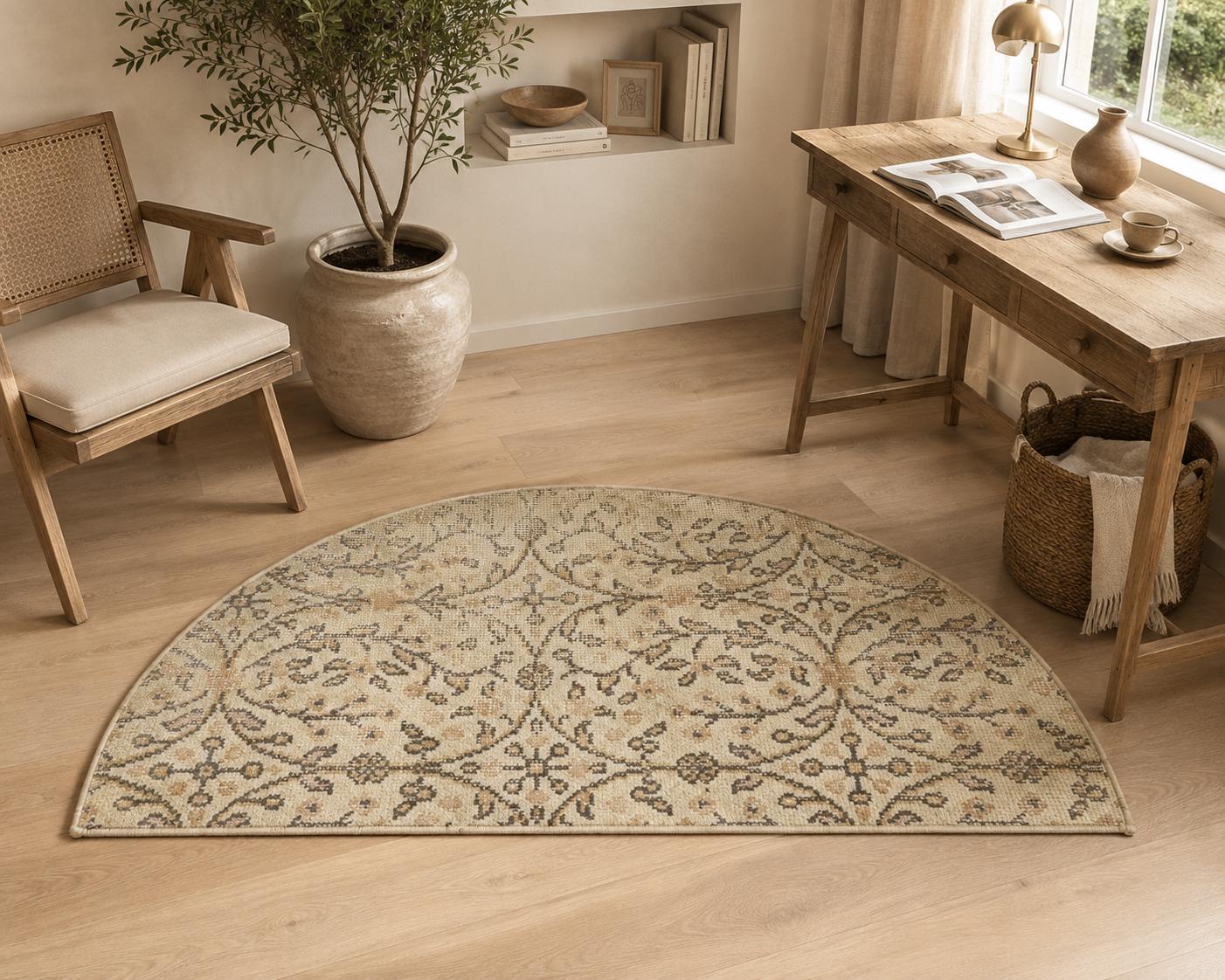 Vintage Turkish Semicircle Rug, Handwoven Wool Floral, Ivory Taupe Gray Neutral, 1.6x2.77 ft