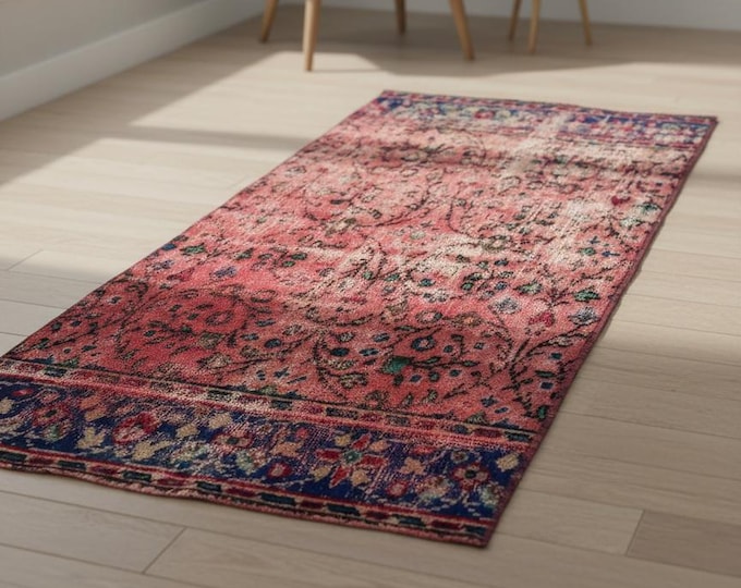 75x177 cm Vintage Red & Blue Runner Rug | Handwoven Turkish Wool | One-of-a-Kind Aged Patina