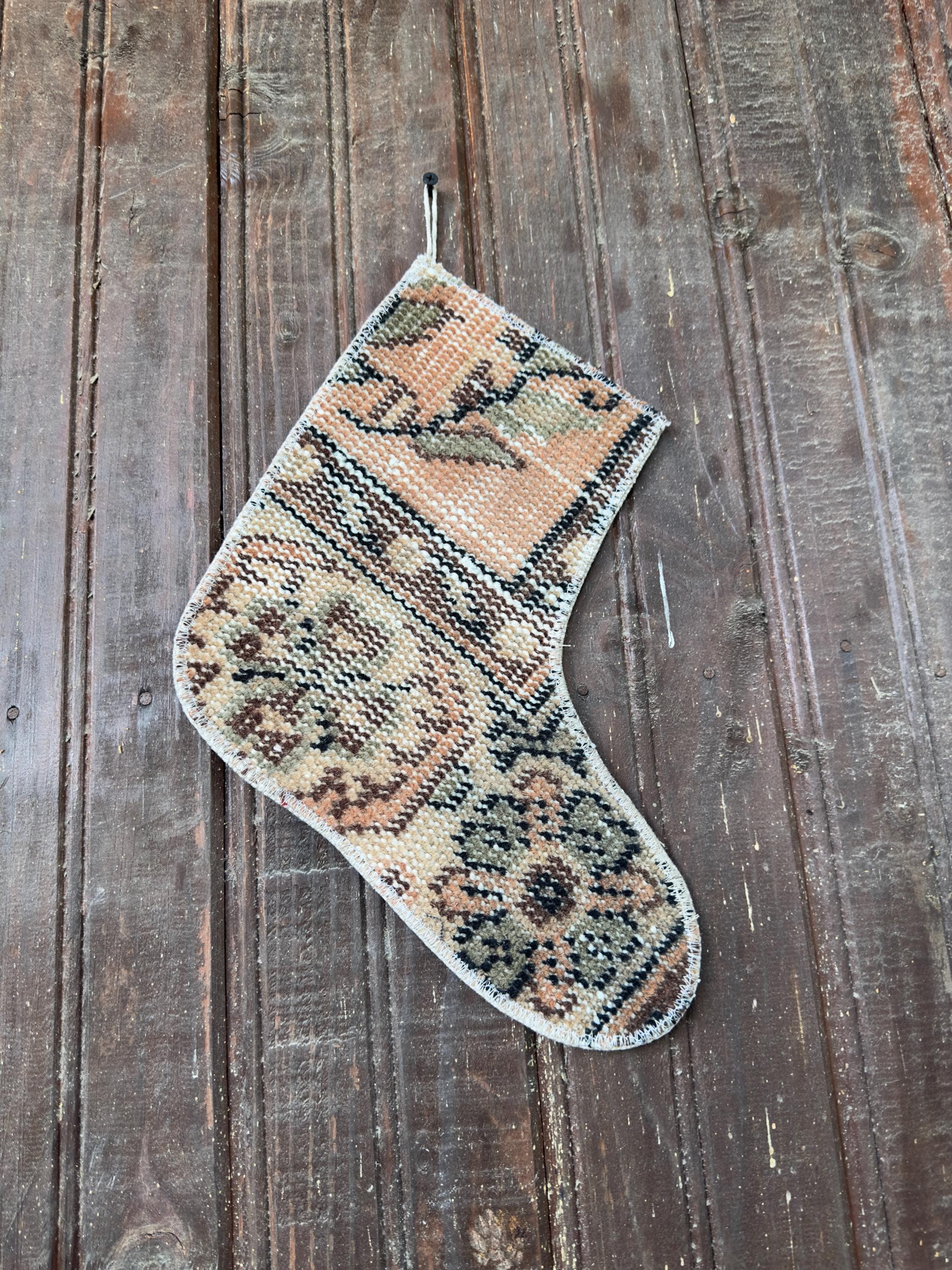 Vintage Turkish Rug Christmas Stocking, Peach Olive Tan Floral Medallion, Brown Black, 11.0x12.2 in – view 4