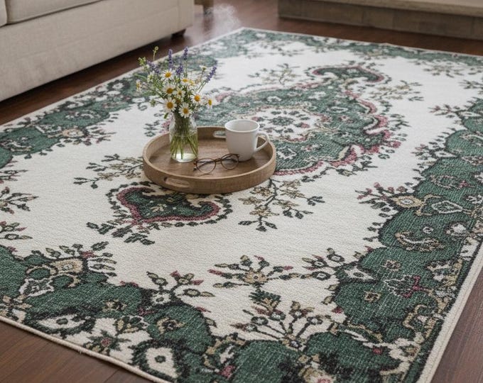 Vintage Hand-Knotted Green Medallion Rug 49"x82" Distressed