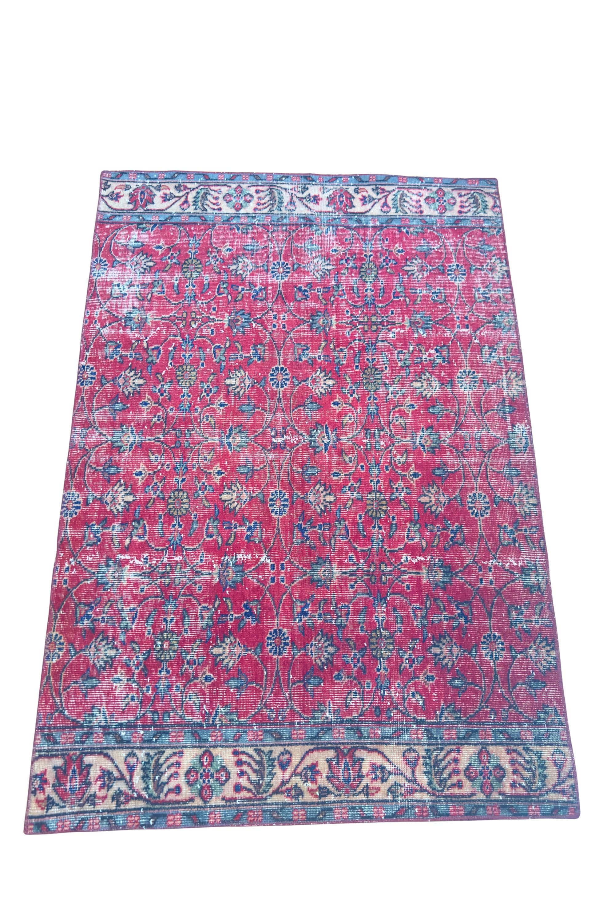 Vintage Turkish Isparta Area Rug, Hand-Knotted Wool Floral, Faded Crimson Red, 122x179 cm – view 5