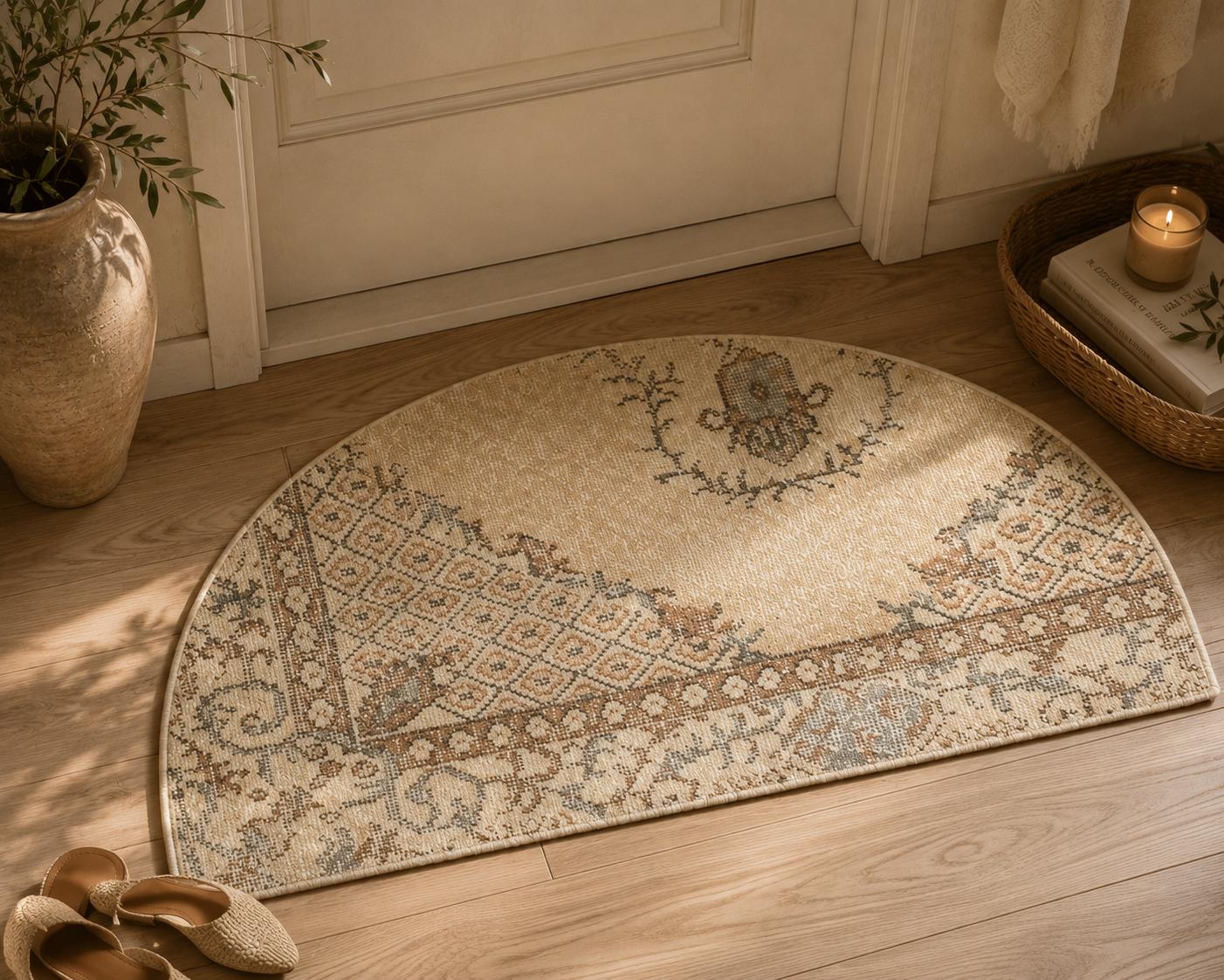 Vintage Turkish Semicircle Rug, Handwoven Wool Geometric, Sand Beige Teal Distressed, 1.6x2.7 ft