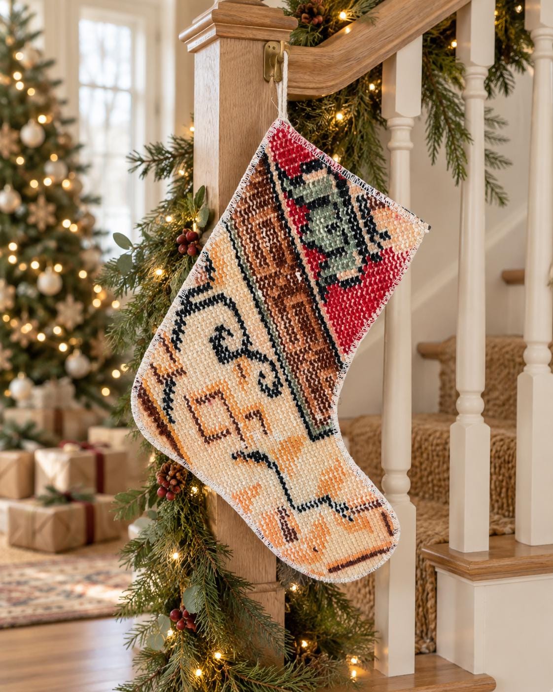 Vintage Turkish Rug Christmas Stocking, Earthy Red Rust Brown, Cream Peach Orange, 11.8x12.2 in