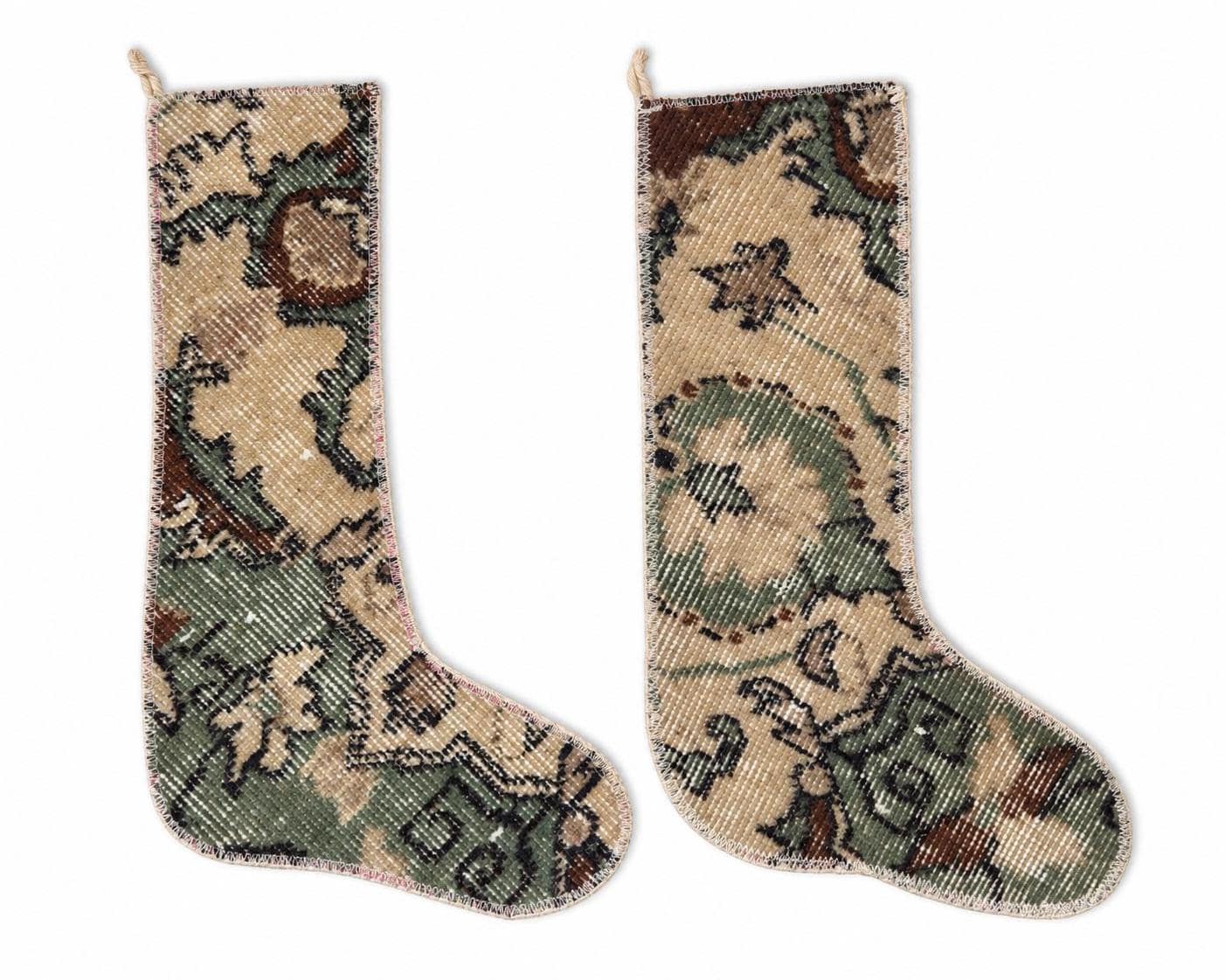 Set of 2 Vintage Turkish Rug Christmas Stockings, Sage Green Cream Boho Decor, Hand-Knotted – view 5