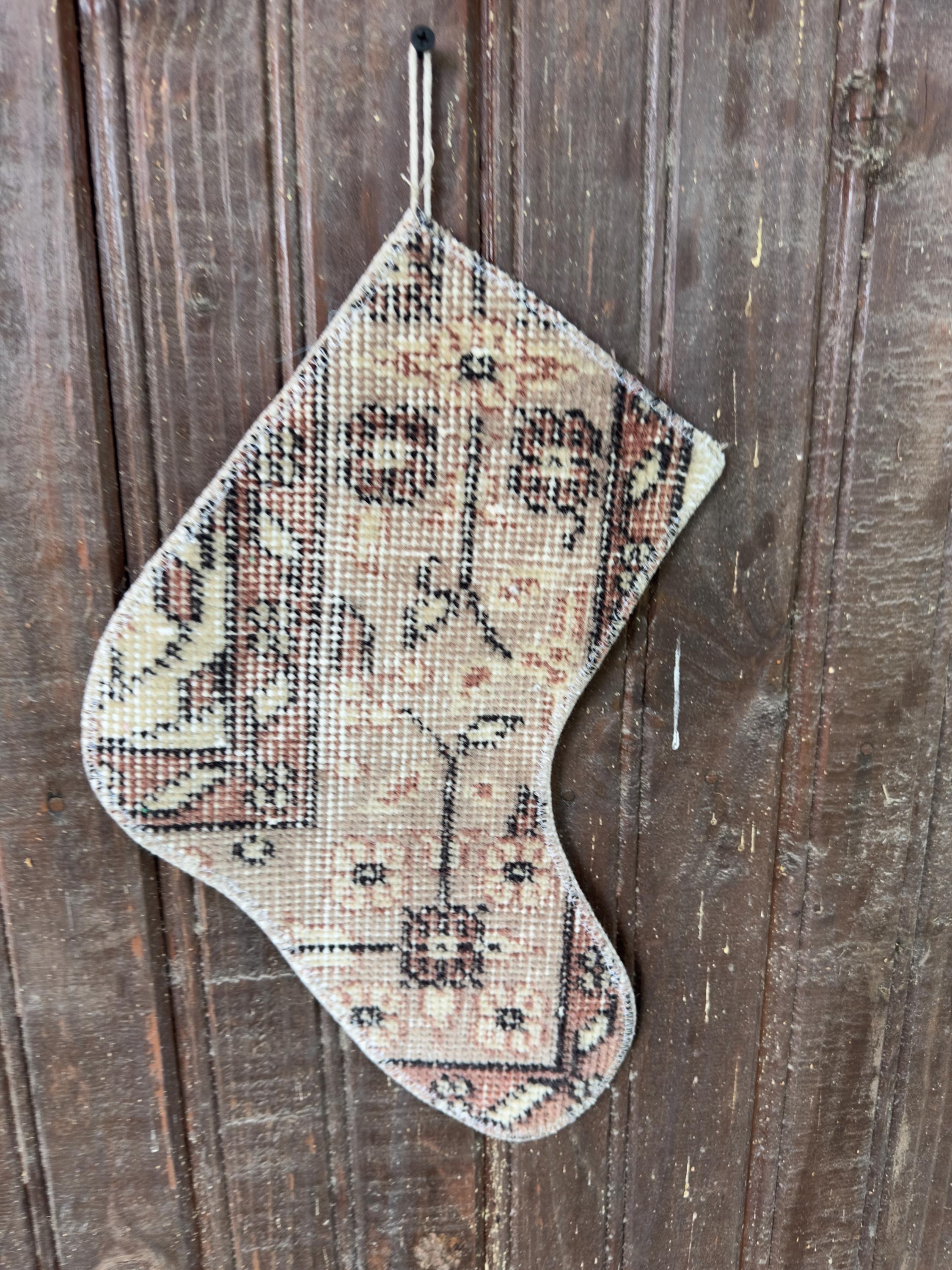 Vintage Turkish Rug Christmas Stocking, Faded Floral Medallion, Cream Peach Terracotta Brown, 10.6x12.6 in – view 5